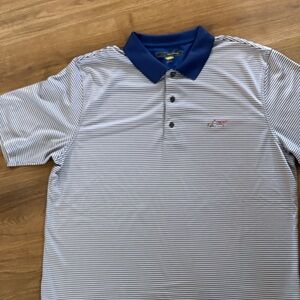Greg Norman Collection Blue and White Striped Polo with Navy Collar